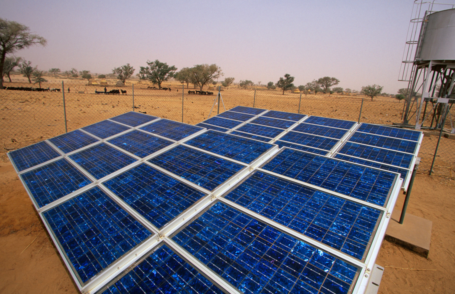 Solar panels for drawing water in rural Niger.